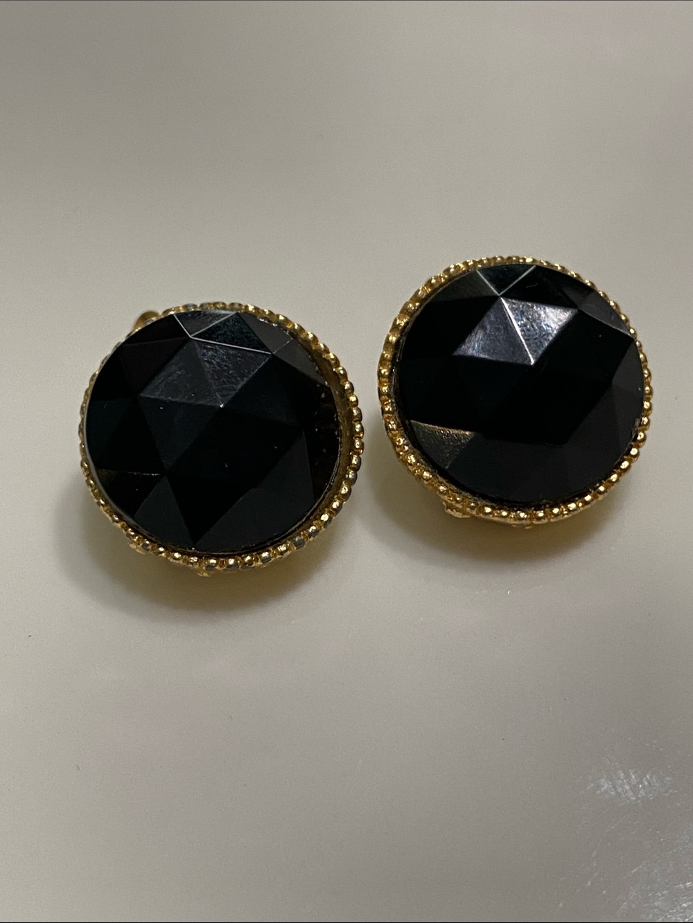 VTG Gold-Edged Black Faceted Button Earrings